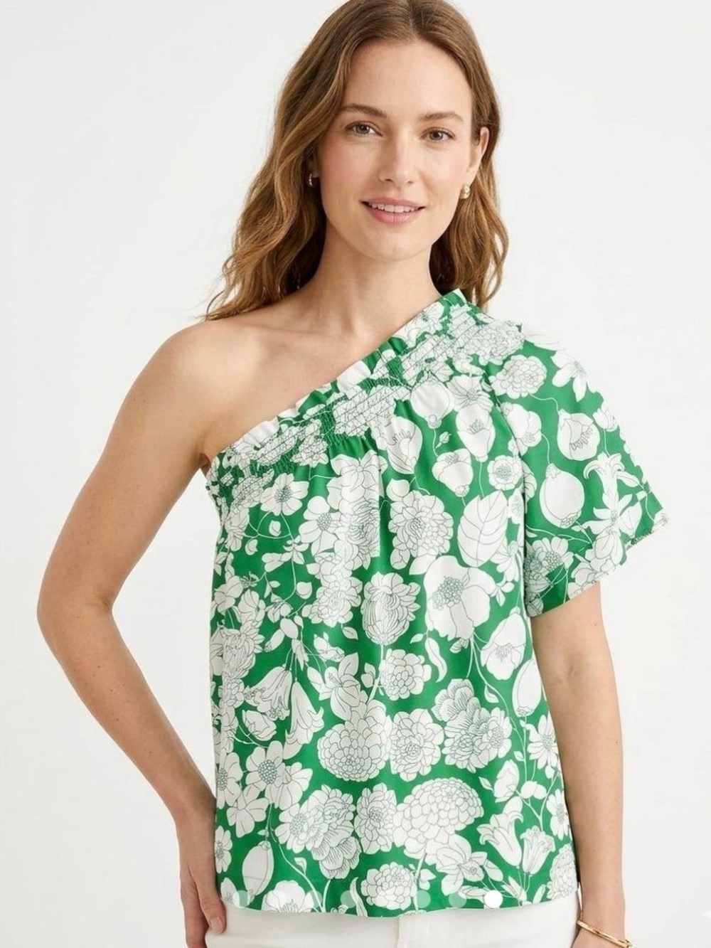 J. Crew One-Shoulder Green and White Floral Top